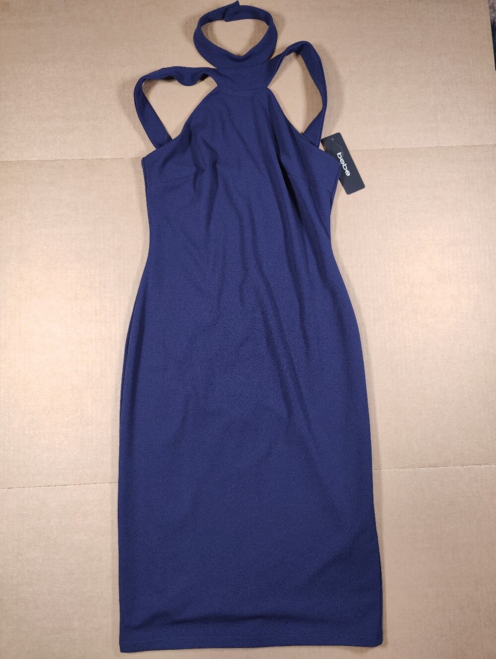 NWT BEBE Navy Blue Halter Neck Bodycon Midi Dress Size 4 Made In USA